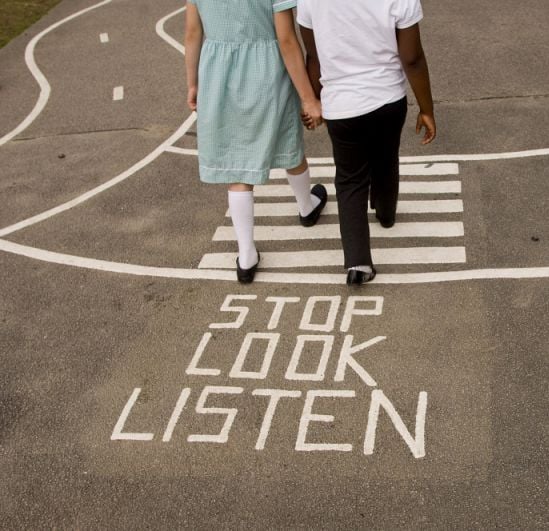Pupils practicing a road safety