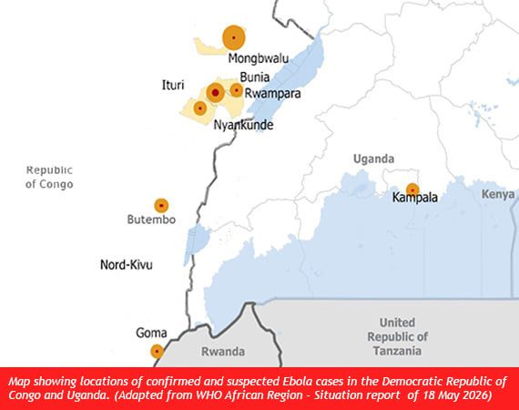 Map adapted from WHO African region Weekly External Situation Report 01, Data as of 18 May 2026