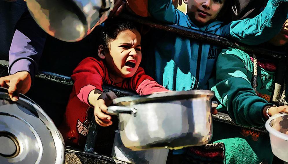 Children in the Gaza Strip line up for food amid crippling famine