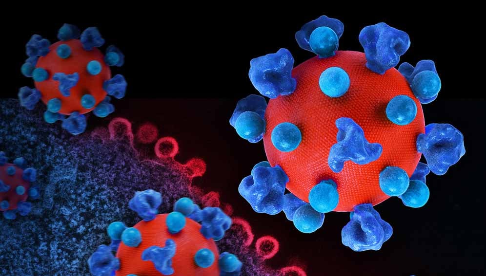 HIV_Virus_MAIN HIV Virus Layout featuring colorized 3D prints of HIV virus particles (red with blue surface proteins) and a background image that is a colorized transmission electron micrograph of HIV virus particles (red) budding and replicating from an H9 T cell. Micrograph captured at the NIAID Integrated Research Facility (IRF) in Fort Detrick, Maryland. Note: not to scale. Credit: NIAID