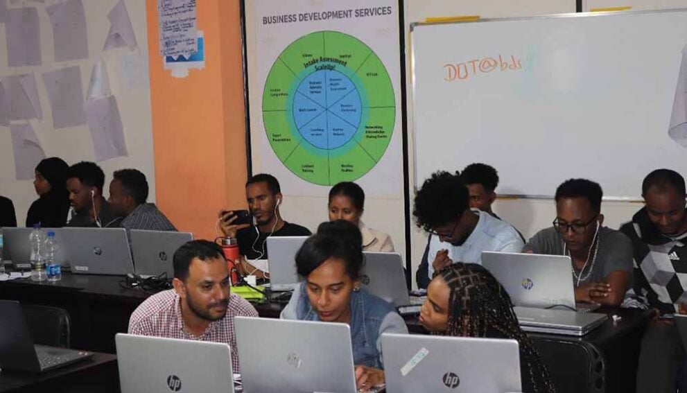Na'amal refugee and host community learners, pictured in class in Ethiopia for the Accelerating Digital Livelihoods in Ethiopia programme.