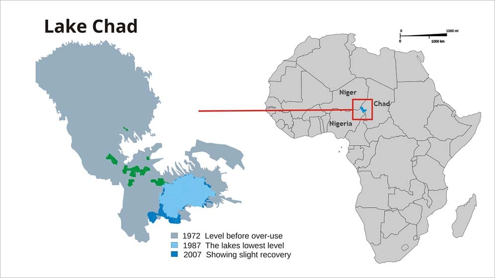 Lake Chad map showing receding water area and level