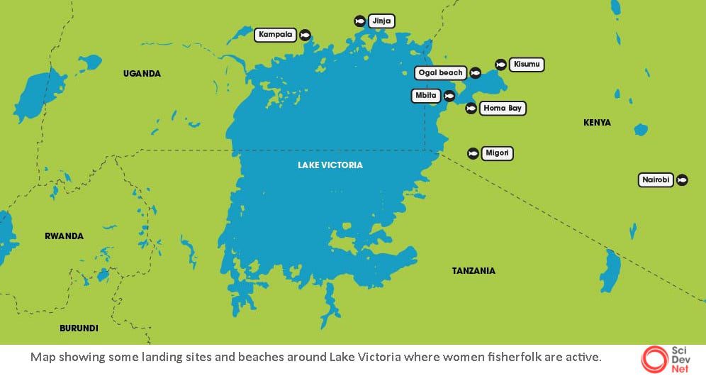 Map of Lake Victoria showing some locations where fish processing takes place - 'Internet of fish' empowering Lake Victoria women