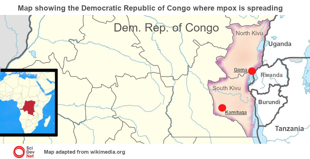 Map showing the Democratic Republic of Congo where mpox is spreading. (SciDev.net, adapted from Wikimedia.org)