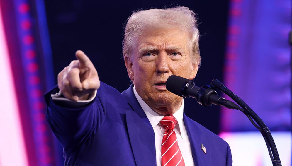 Trump speaking with attendees at the 2024 AmericaFest at the Phoenix Convention Center in Phoenix, Arizona. Photo by Gage Skidmore.