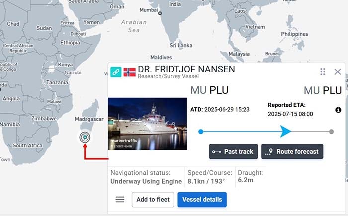 The research vessel Dr. Fridtjof Nansen was scheduled to carry out a month-long marine survey in Sri Lankan waters this July. However, as of 8 July, it is seen in the waters off Madagascar, having altered its course due to delays in receiving timely approval from Sri Lankan authorities. Image courtesy: MarineTraffic.com