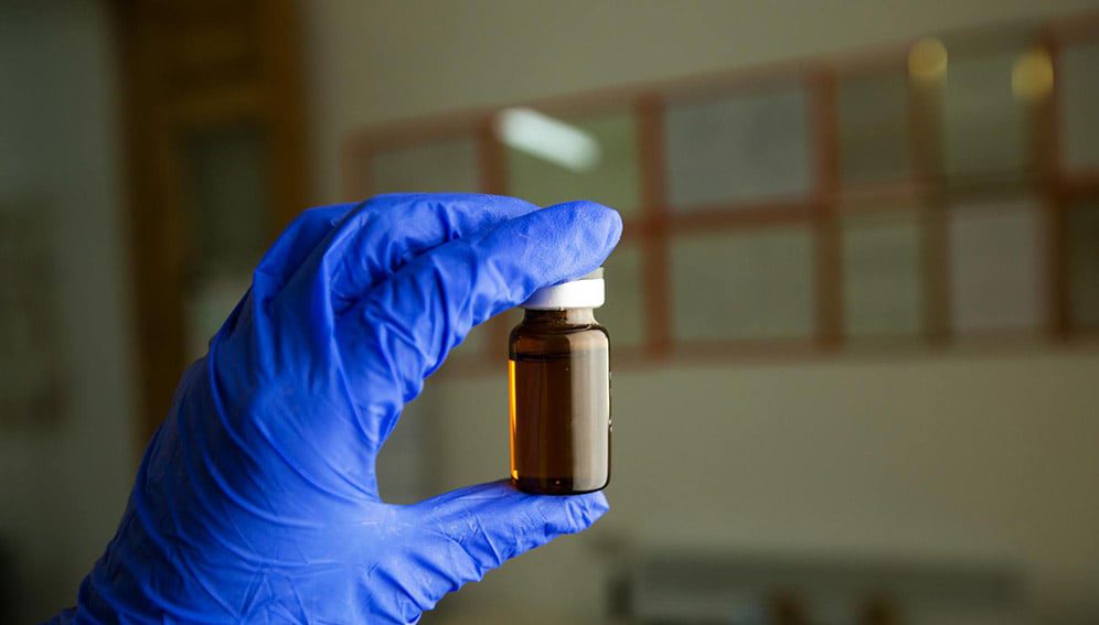 A small medicine bottle in a clinic