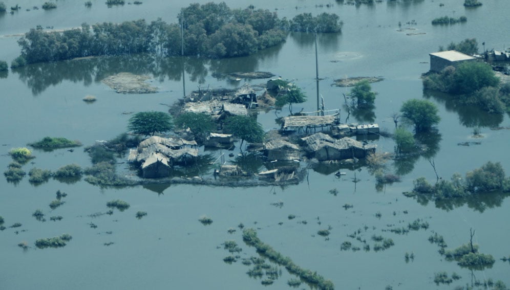 Aerial view of flood damage shot from a helicopter during humanitarian assistance efforts in the southern Pakistan region.